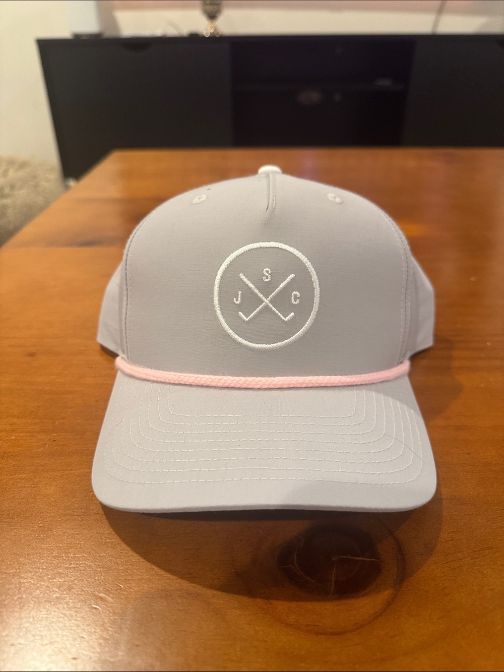 Jones Sports Co. Gray, White, Pink Rope Golf Hat with Embroidered Crest (NWOT)